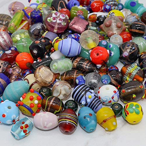Fun-Weevz 100 Assorted Glass Beads for Jewelry Making Adults, Bulk Glass Beads for Crafts, Lampwork Murano Bead Mix for Bracelets and Necklaces, Crafting Beads Supplies Kit, Large & Small Beads